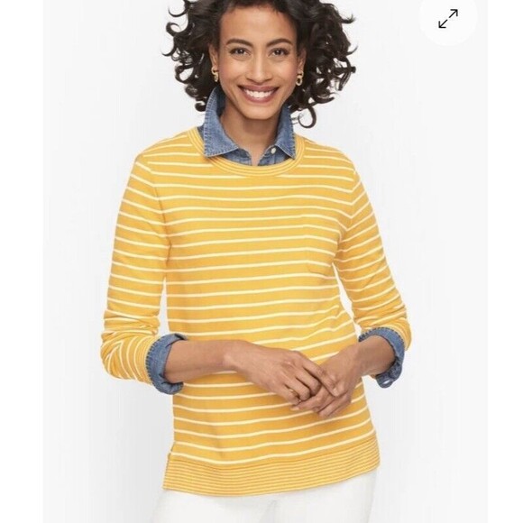 Talbots Sweater Medium Petite 100% Cotton Striped Knit Pullover Yellow/White - Picture 1 of 8